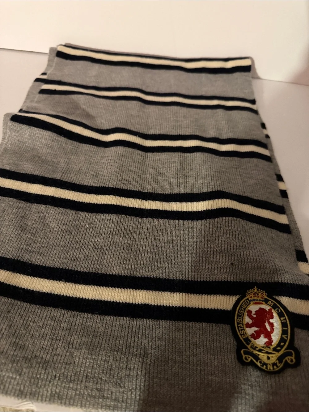 Canterbury of New Zealand 100% Wool Scarf Gray Black Cream Striped 80